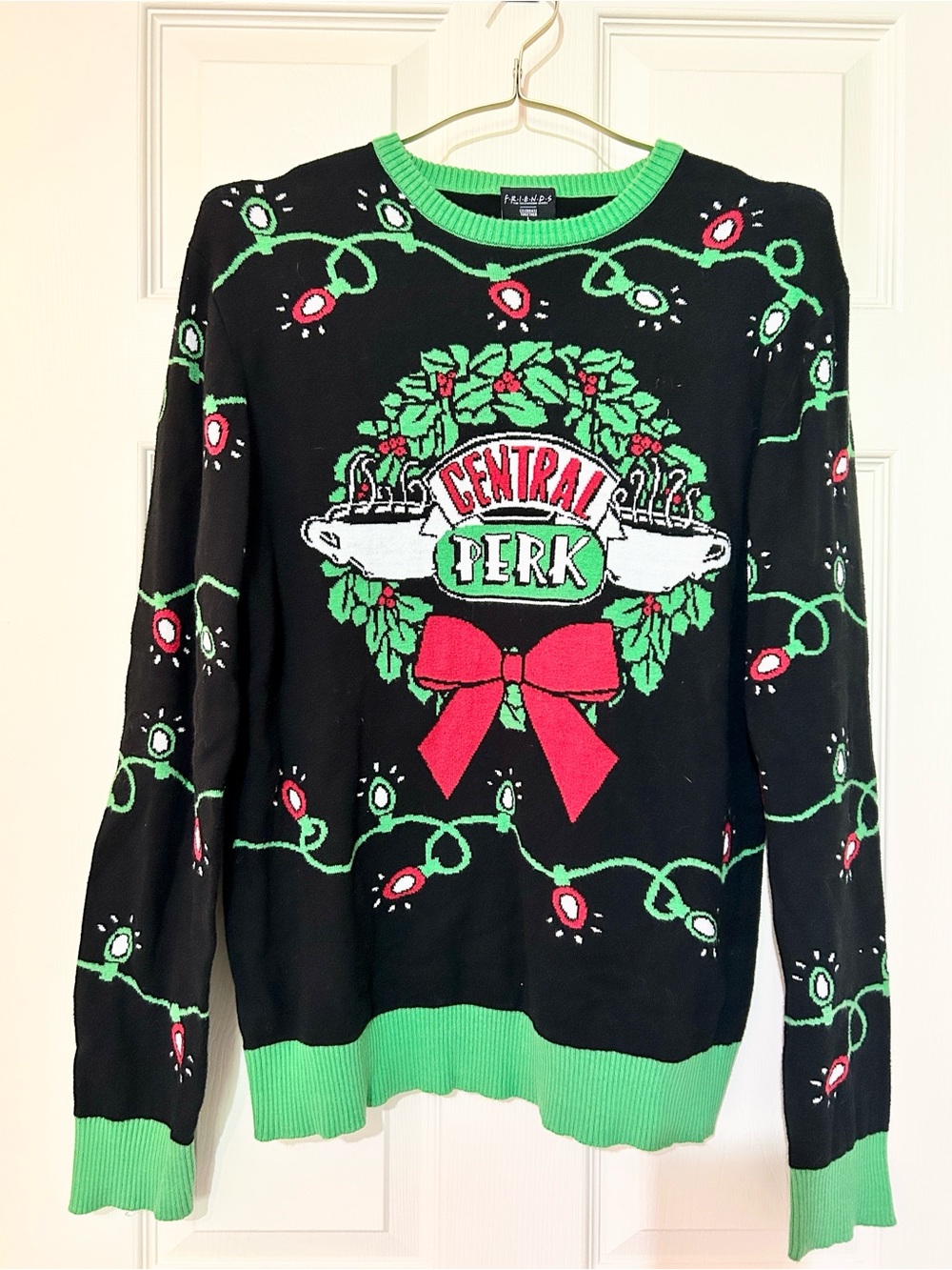 FRIENDS Women’s Large Central Perk Black Holiday Sweater with Green Trim